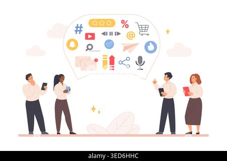 Business team discussing communication, feedback and online marketing icons in speech bubble, using mobile devices and tablets for collaboration, isolated on white background vector illustration Stock Vector