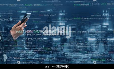A person interacts with a smartphone against a dynamic urban skyline at night, with an overlay of code, representing the fusion of technology and Stock Photo