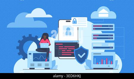 Cloud database concept with developer working on laptop, secure server storage, analytics dashboards, and mobile access interface in modern flat style technology vector illustration Stock Vector