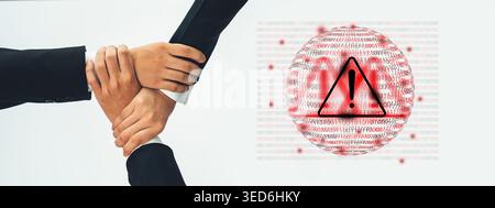 Hands of individuals in business suits demonstrate teamwork and unity against a backdrop of caution, highlighting collaboration in a digital era Stock Photo