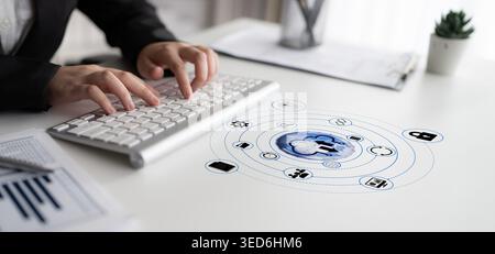 Professional Businessperson Typing on Keyboard with Cloud Technology Icons and Data Analysis Graphics on Office Desk Quark. Stock Photo