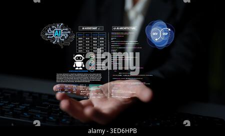 Hand Holding Digital Display Representing AI Assistant and Architecture with Code, Charts, and Infographics in Futuristic Setting Fluxor. Stock Photo