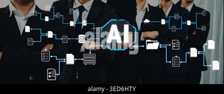 Business Professionals Analyzing Artificial Intelligence Concepts with Digital Network Connections and Data Icons in a Modern Office Environment Quark Stock Photo