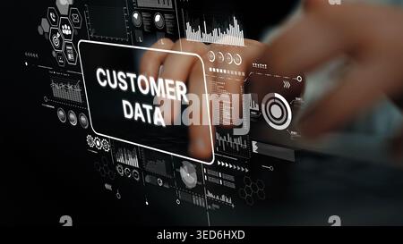 Hands Typing on Keyboard with Overlay of Digital Customer Data Analytics and Financial Graphs in Modern Office Environment. Asymptotic smart data Stock Photo