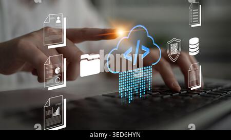 Abstract Concept of Cloud Computing with User Interaction, Data Security, and Document Management, Representing Digital Transformation in Business Stock Photo