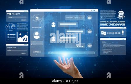 This digital representation showcases an AI chatbot interface with user interactions, emphasizing modern design and advanced technology features for Stock Photo
