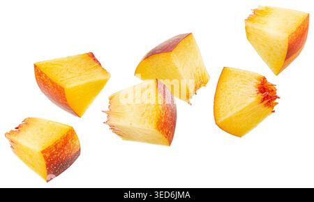 Falling peach cubes isolated on white background Stock Photo