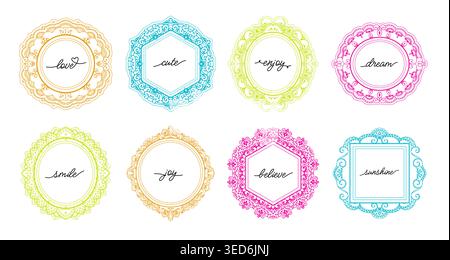 Hand drawn vintage frame for poster, invitation or mirror. Elegant baroque flourish retro round frames. Border wedding design. Vector antique frames. Stock Vector