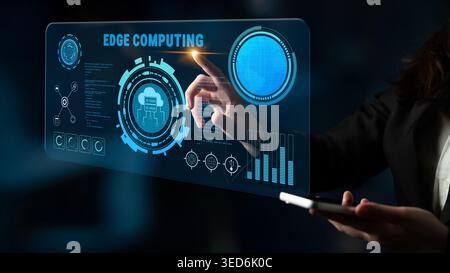 Edge computing technology for decentralized data processing and analysis. This solution improves speed and reliability by processing data locally Stock Photo