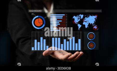A professional illustration of a hand displaying a digital dashboard with graphs, charts, and world map, emphasizing data analysis and business Stock Photo