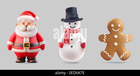 3D Santa Claus character, gingerbread man and snowman in Christmas scarf and hat. Sticker frosty iced smiling cookie, cool toy gift. Winter realistic Stock Vector