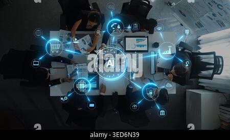 A dynamic collaborative workspace where professionals engage in brainstorming with a focus on artificial intelligence technology and digital Stock Photo