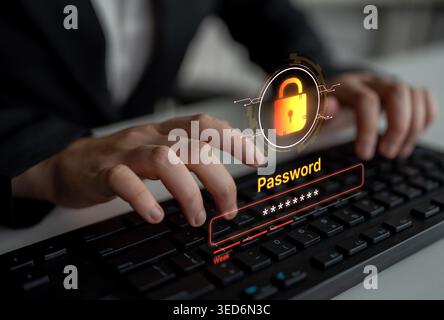 A concept of user authentication and password security. The interface shows a password strength meter, highlighting the importance of creating a Stock Photo