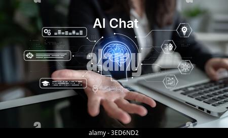 AI chatbot interface for customer support and automated messaging. Chatbot conversation, automation, analytics, AI user experience for modern digital Stock Photo