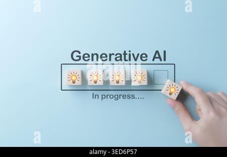 Generative AI progress and creative innovation concept. Hand placing light bulb block into loading bar, showing artificial intelligence development, Stock Photo