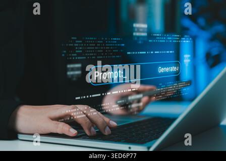 Generative AI prompt engineering concept. Person typing command on laptop with search bar, prompt interface, generate button, coding data Stock Photo