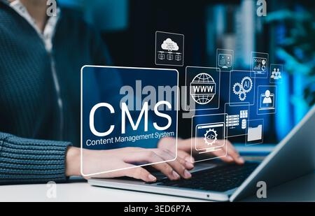 CMS content management system and website automation concept, professional using laptop with icons for web publishing, cloud data, AI tools, software, Stock Photo