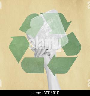 Hand holding plastic packaging and crumpled wrap against a recycling symbol, promoting sustainability Stock Photo