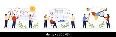 Business people team analyzing graphs charts data, planning strategy, presenting statistics dashboard, collaboration concept with diagrams and growth metrics isolated on white vector illustration Stock Vector