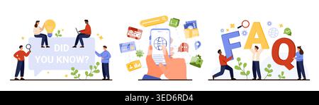 Flat design FAQ and did you know concept with people, smartphone, icons, questions, answers, knowledge sharing, customer support, information search isolated on white background vector illustration Stock Vector