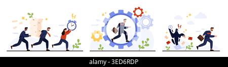 Office workers running with clocks paperwork gears showing stress urgency productivity pressure time management challenge in modern corporate workplace isolated on white background vector illustration Stock Vector