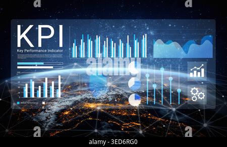 Captivating global view of Key Performance Indicators visualized with graphs and charts over Earth at night, showcasing modern analytics in business Stock Photo