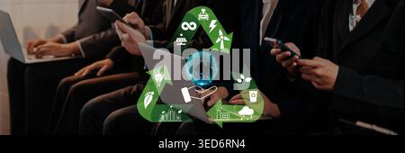 Eco-Friendly Technology Use in Business Meeting with Recycling Symbol and Sustainable Icons Representing Environmental Awareness Quark. Stock Photo