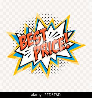 Comic style best price starburst sticker with bold red lettering, layered blue and yellow burst shapes and halftone dots, isolated on transparent Stock Vector
