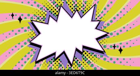 Comic starburst banner with white burst shape over yellow and pink wavy background, halftone pattern in retro pop art vector style. Empty star frame Stock Vector