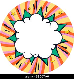 Sticker circle with comic cloud text box framed by green starburst shape. Vector badge for promo text, sale announcements and fun graphic accents. Stock Vector