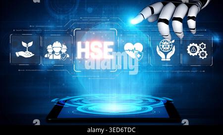 Futuristic Digital Interface with Robot Hand Interacting with HSE Icons and Data Visualization in a Tech-Driven Environment Sigmoid Stock Photo