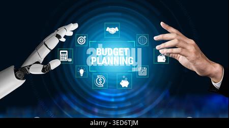 Futuristic Collaboration Between Human and Robot in Budget Planning with Icons Representing Finance and Technology Fluxor. Stock Photo