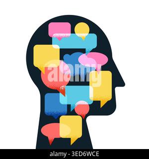 Mental health, psychology, education concept. Vector illustration of human head profile filled with colorful speech bubbles. Abstract geometric design Stock Vector