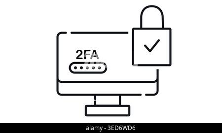 Computer 2FA authentication icon: desktop PC with two-factor authentication text and verified padlock Stock Vector