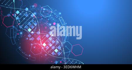 Scientific and technological background. Image of dna molecule with technological elements. Stock Vector