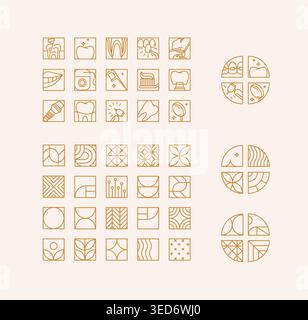 Dental icons and labels collection with tooth and dentist equipment drawing in linear quadristic style on beige background Stock Vector