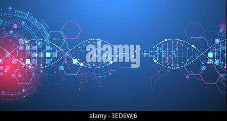 Scientific and technological background. Image of dna molecule with technological elements. Stock Vector