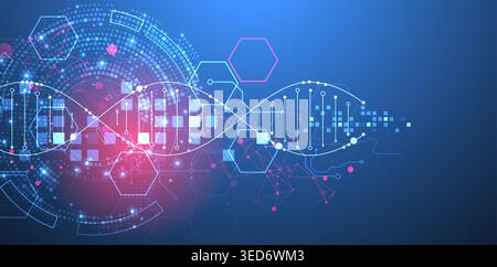 Scientific and technological background. Image of dna molecule with technological elements. Stock Vector