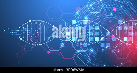 Scientific and technological background. Image of dna molecule with technological elements. Stock Vector