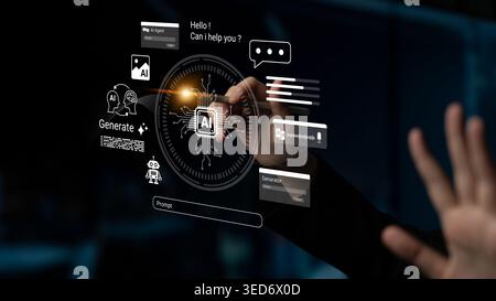 A hand interacts with a futuristic AI interface showcasing digital elements like chat options and visualization to enhance customer engagement and Stock Photo