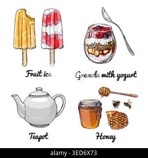 Vector food icons. Colored sketch of food products. Popsicles, ice cream, teapot, honey yoghurt Stock Vector