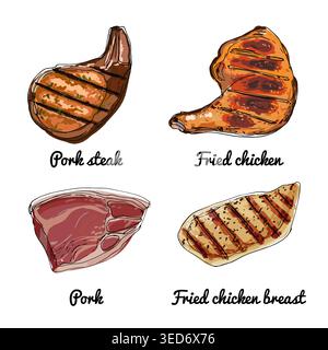 Vector food icons of meat. Colored sketch of food products. Pork steak, fried chicken Stock Vector