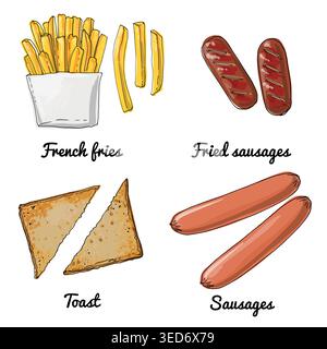 Vector food icons. Colored sketch of food products. Sausages, French fries Stock Vector