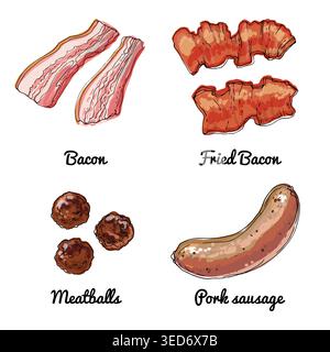 Vector food icons of meat. Colored sketch of food products. Bacon, meatballs, fried bacon, pork sausage Stock Vector