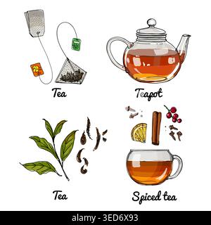 Vector food icons of drinks, tea. Colored sketch of food Stock Vector