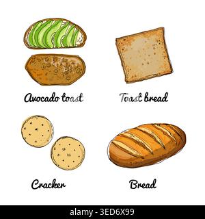 Vector food icons of vegetables. Colored sketch of food products. Avocado toast, cracker, bread Stock Vector