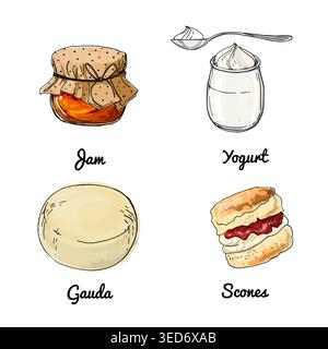 Vector food icons. Colored sketch of food products. Jam, yogurt, cheese gauda Stock Vector