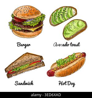 Burgers are fast street food. Vector drawing of food. Unhealthy food. Hot dog, hamburger, avocado toast Stock Vector