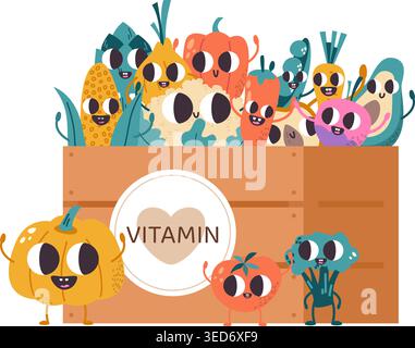 Fresh cartoon vegetables in wooden box. Agriculture poster with funny pumpkin, broccoli, tomato, pepper, carrot, corn. Farm food vector background Stock Vector