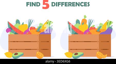 Find differences play. Vegetables and fruits in wooden box. Seasonal harvest, agriculture food market elements. Fresh farm products, funny simple game Stock Vector